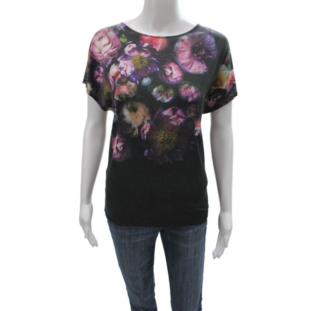 Ted Baker London Women Black Floral Jersey T-Shirt Short Sleeve Size 3